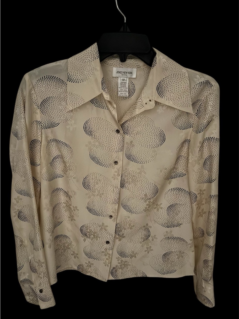 Jones New York Cream and Black& Brown Printed Button-Down Shirt 100 percent silk